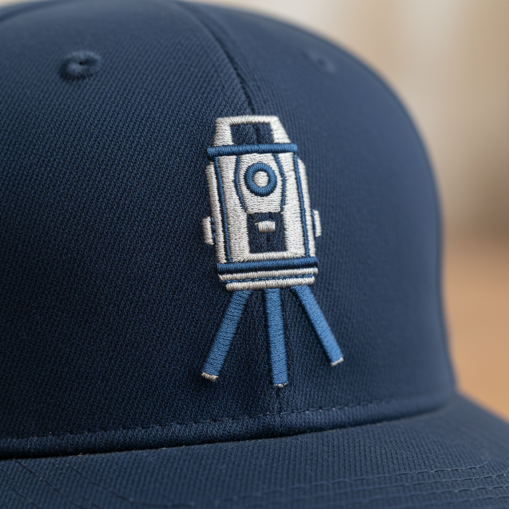 Close-up of 3D embroidered theodolite logo on navy surveyor snapback cap