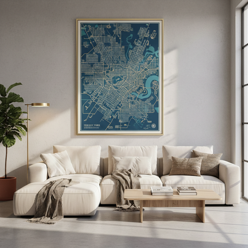 Vector city map of New York City framed on living room wall in modern cartographic style