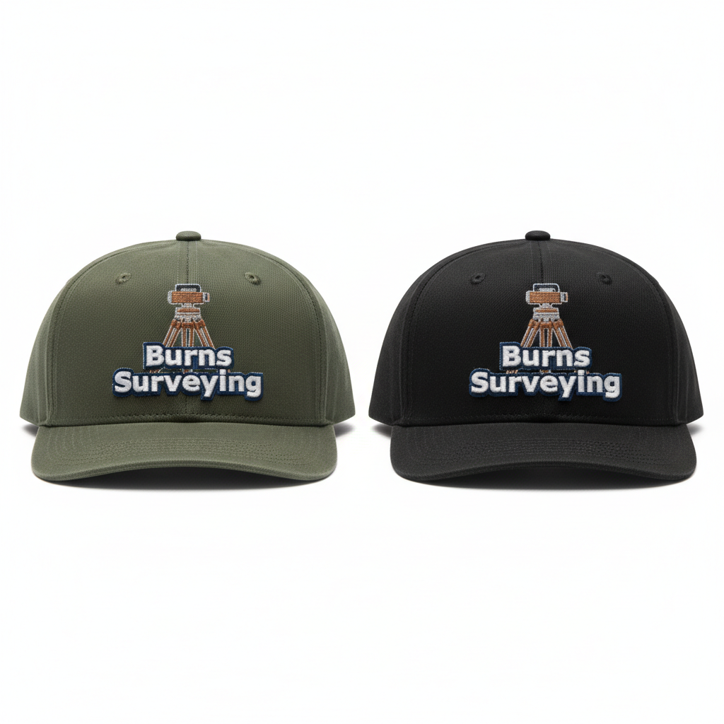 Surveyor snapback caps in olive, navy, and black with embroidered theodolite logo