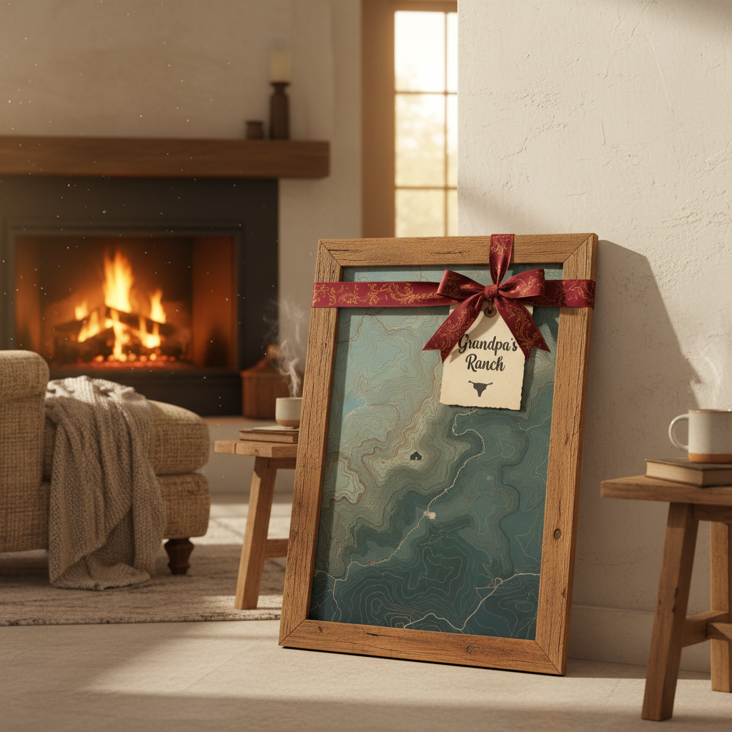 Personalized topographic poster as a gift with ribbon and Grandpa's Ranch label