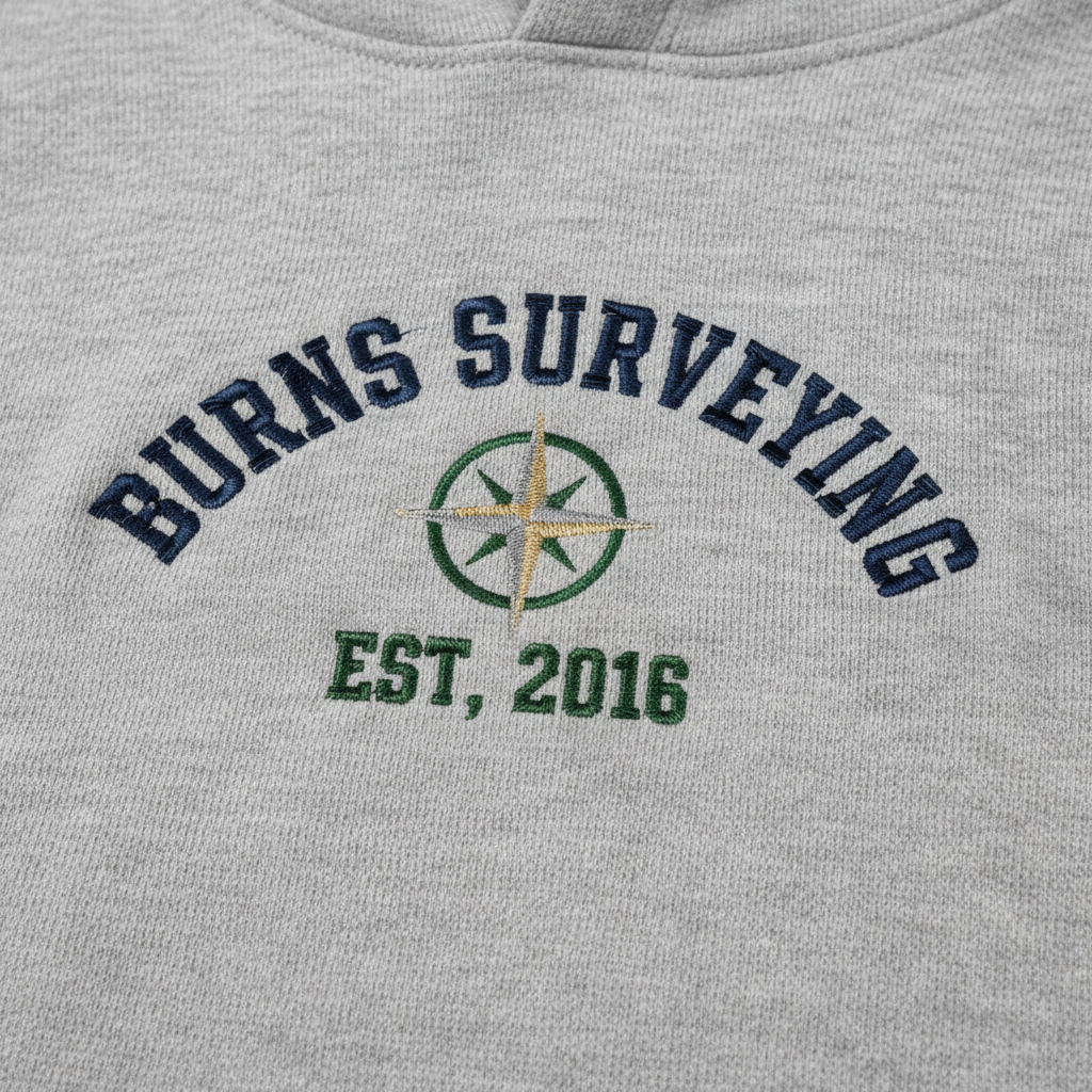Close-up of embroidered Burns Surveying Est 2016 chest logo on heather grey fleece hoodie