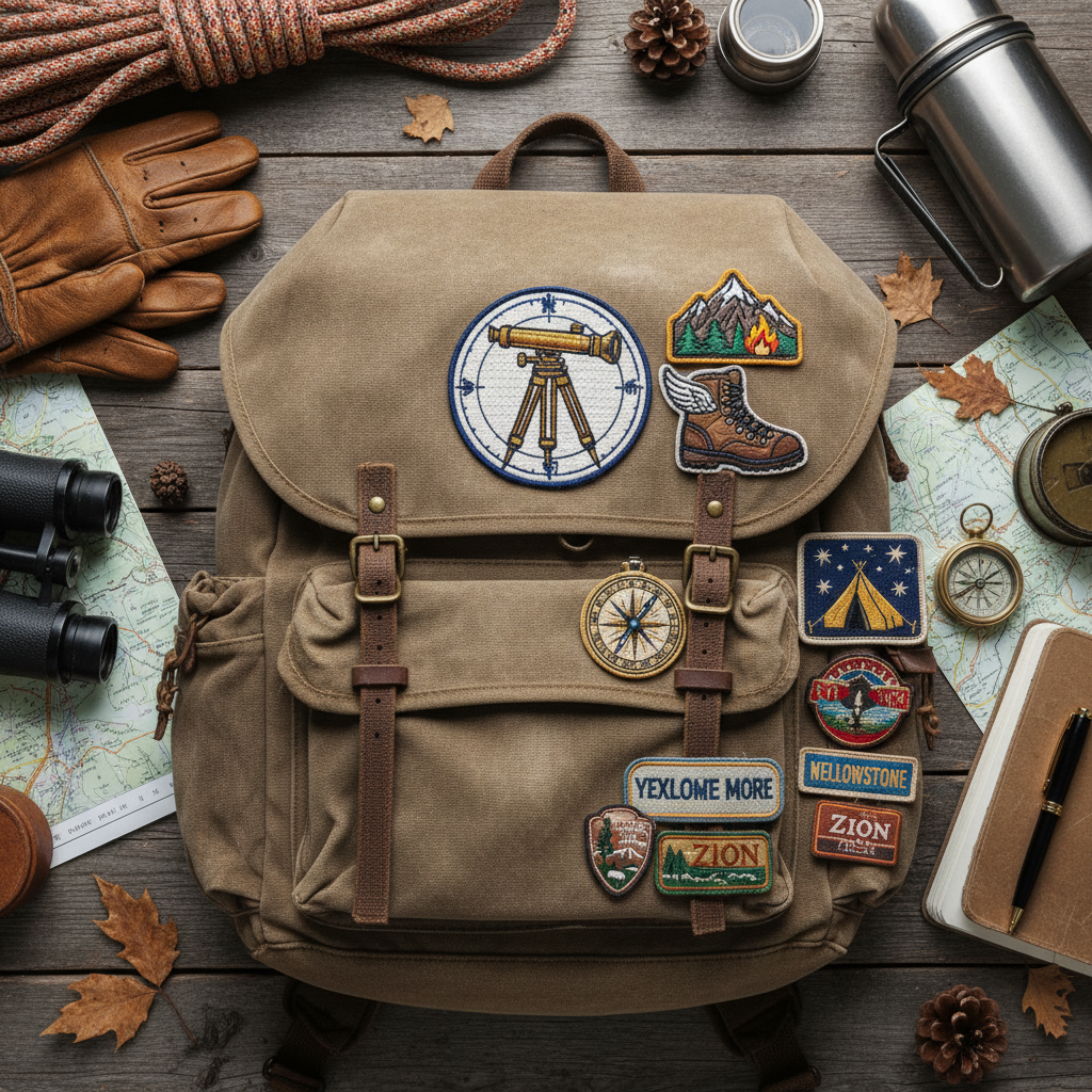 Embroidered theodolite patch on canvas backpack beside other outdoor patches