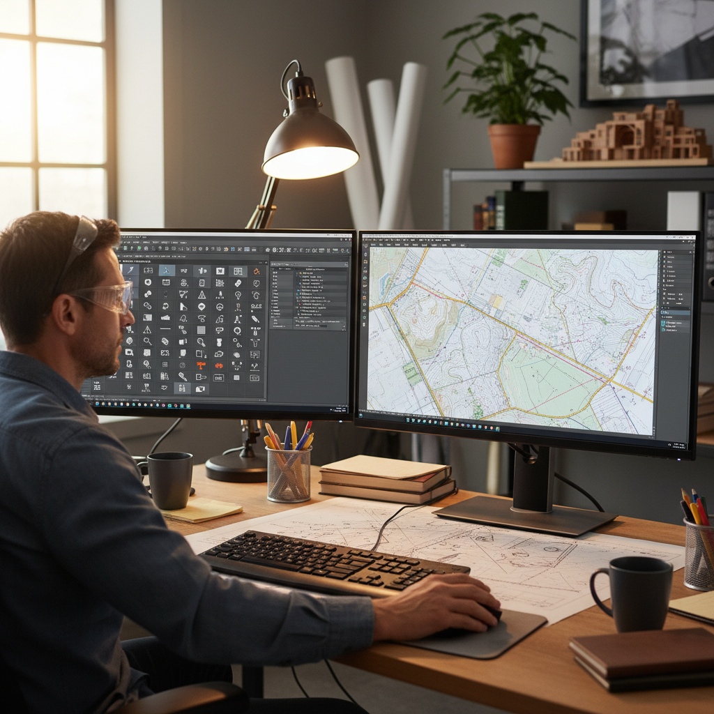Civil engineer drafter working at dual monitors with land survey CAD drawing and DWG symbol library