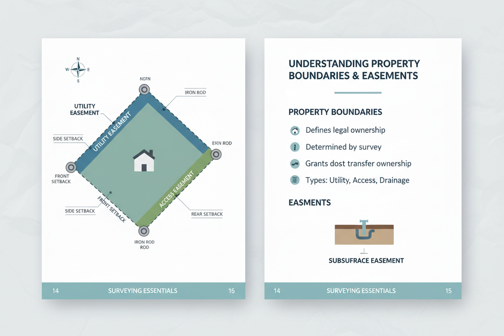 Sample interior page of surveying guide showing illustrated property boundary diagram