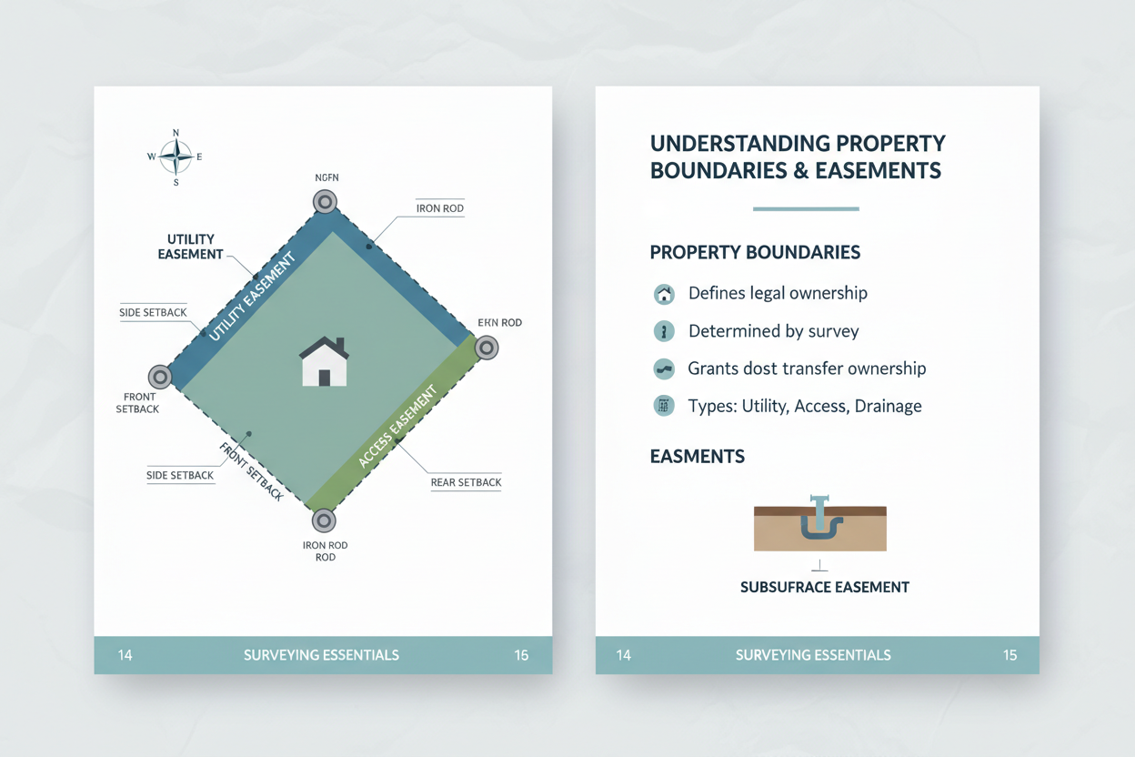 Sample interior page of surveying guide showing illustrated property boundary diagram
