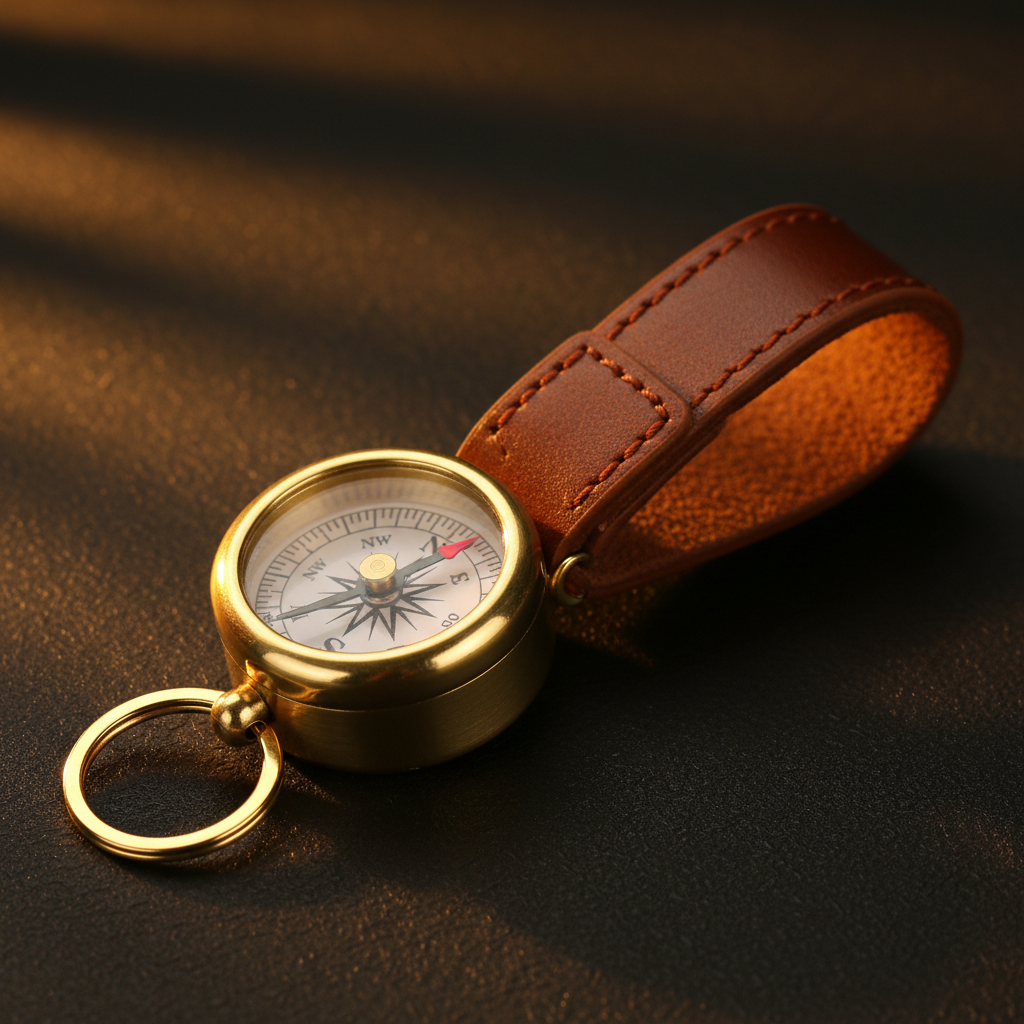 Mini polished brass compass keychain with genuine brown leather strap on dark background