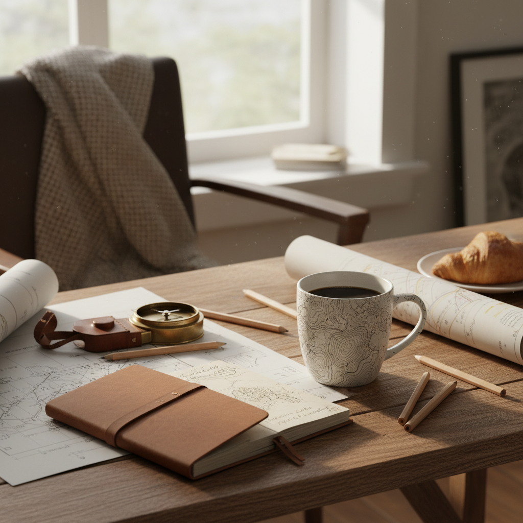 Topographic ceramic mug on surveyor's desk beside field notebook and compass