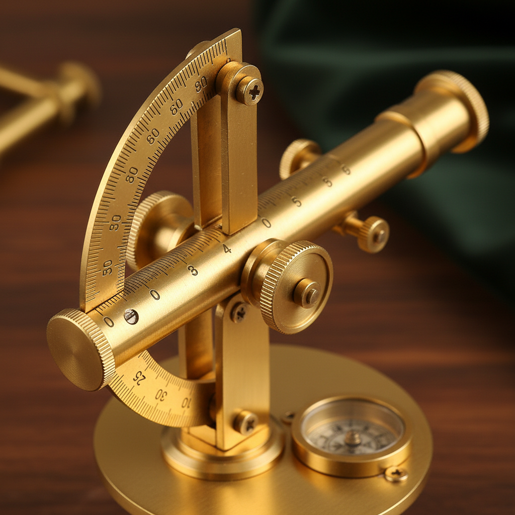 Close-up of engraved degree markings on brass theodolite replica