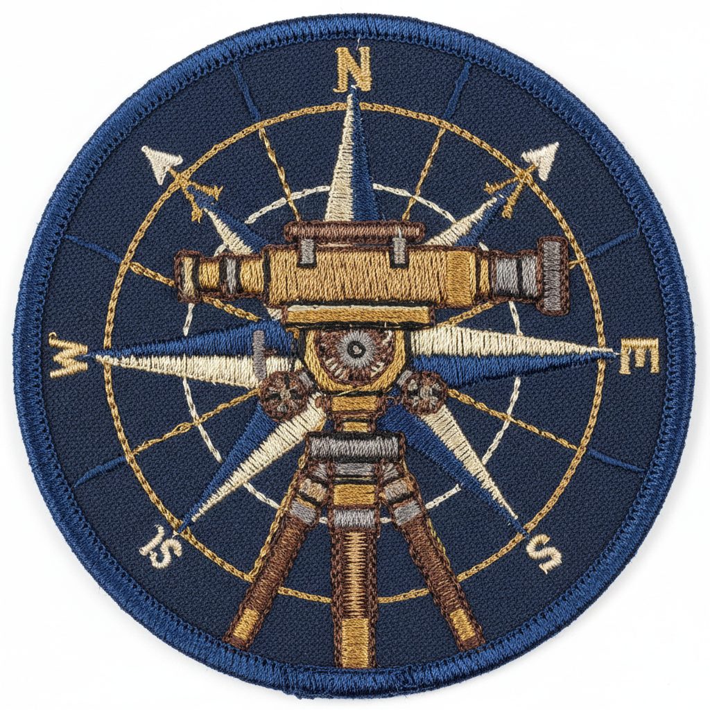 Embroidered theodolite and compass rose patch 3.5 inch diameter with merrowed edge on white background