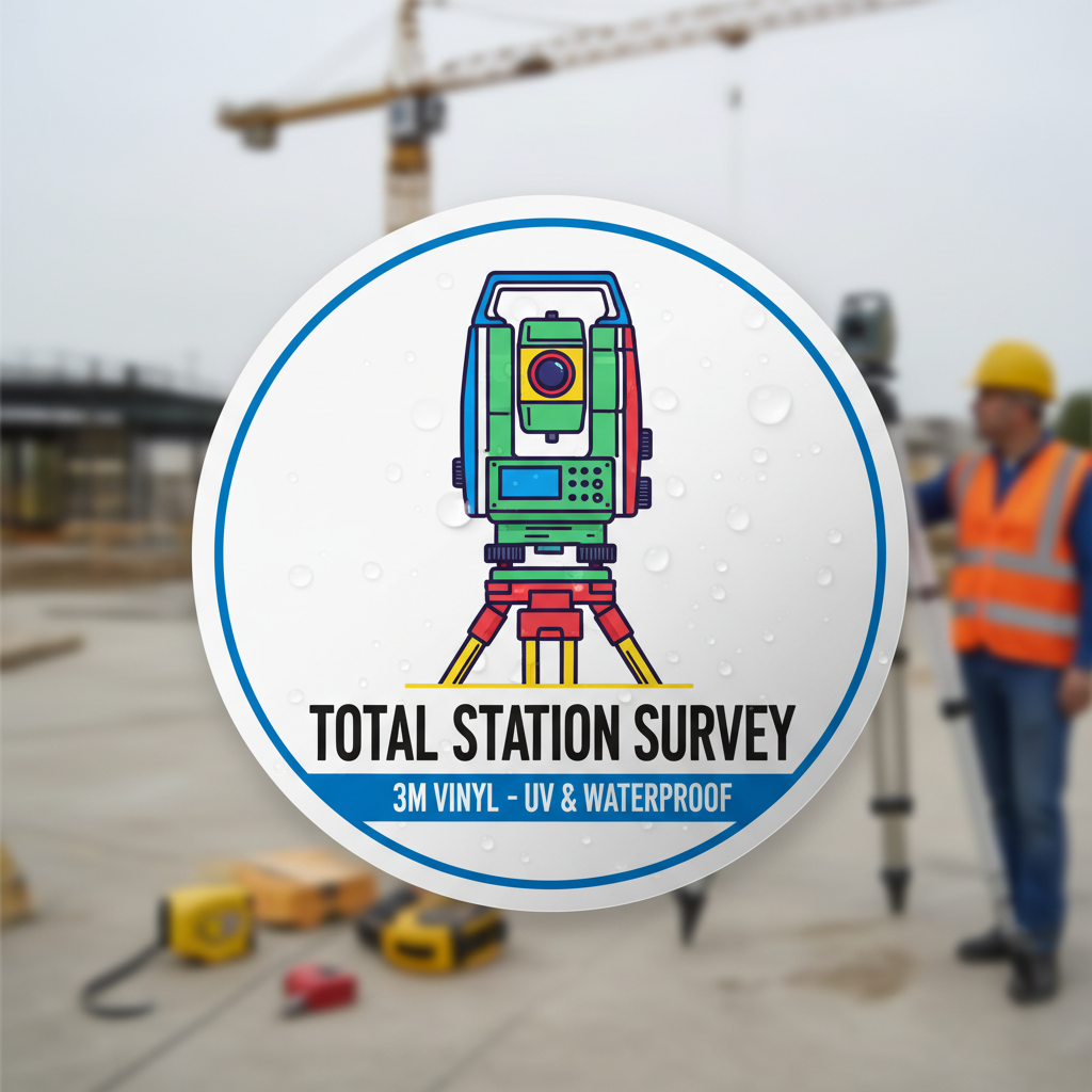 Close-up macro of premium 3M vinyl total station surveyor sticker with vibrant colors