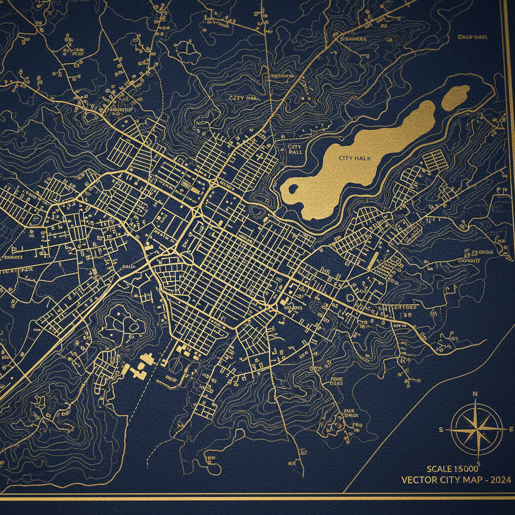 Close-up detail of professional GIS vector city map showing streets, contours and parcels
