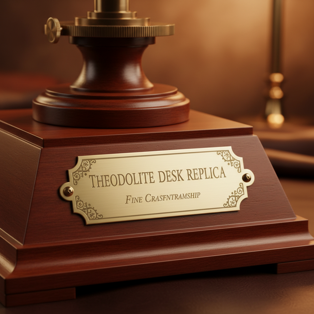 Polished wooden base with brass nameplate of theodolite desk replica