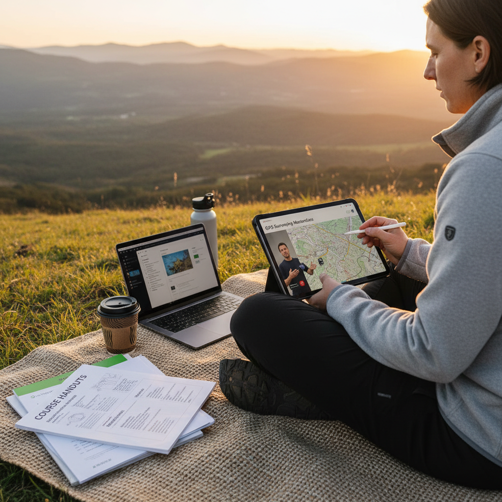 Person watching GPS surveying course on tablet with downloadable handouts