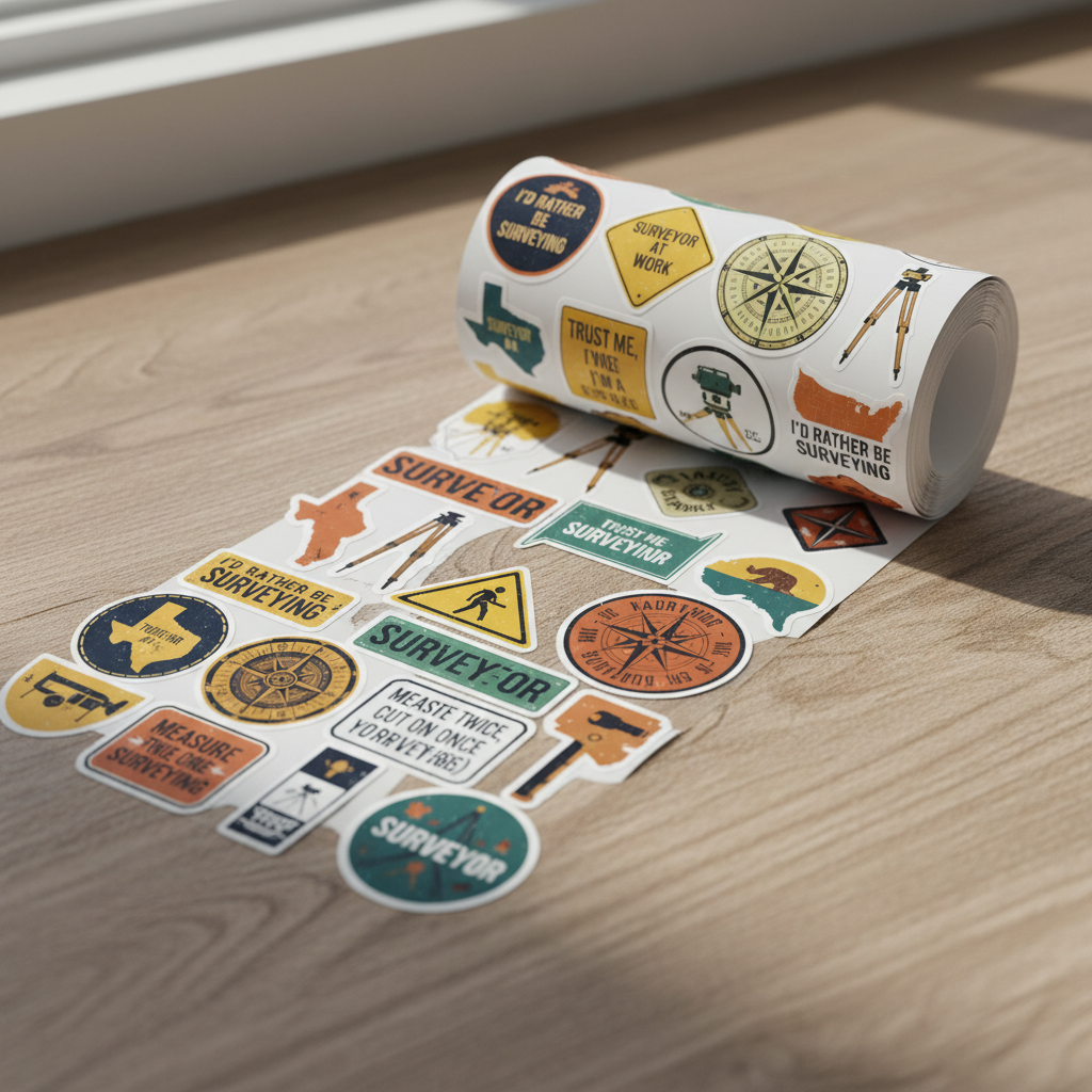 Roll of 50 assorted retro surveyor vinyl stickers unrolled showing variety of designs