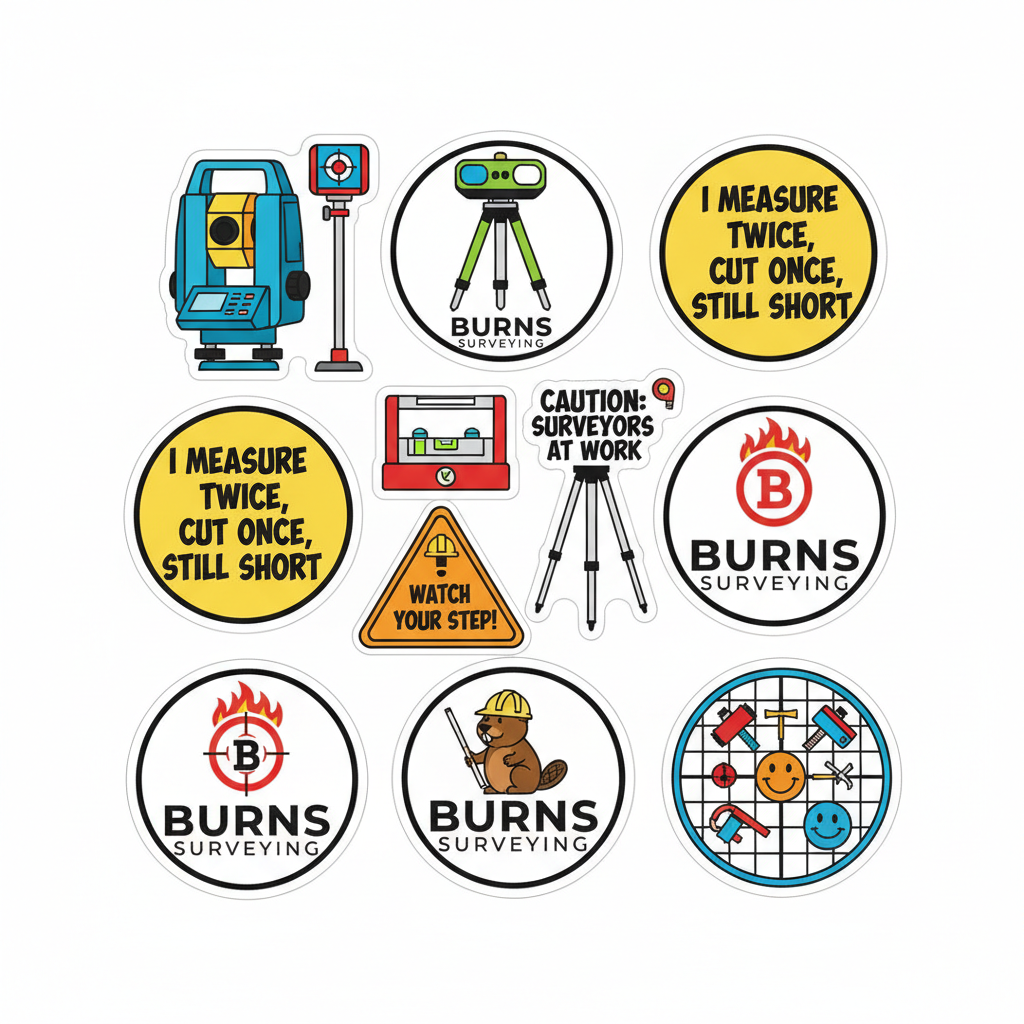 Set of 10 waterproof vinyl surveyor stickers laid out showing all designs on white background