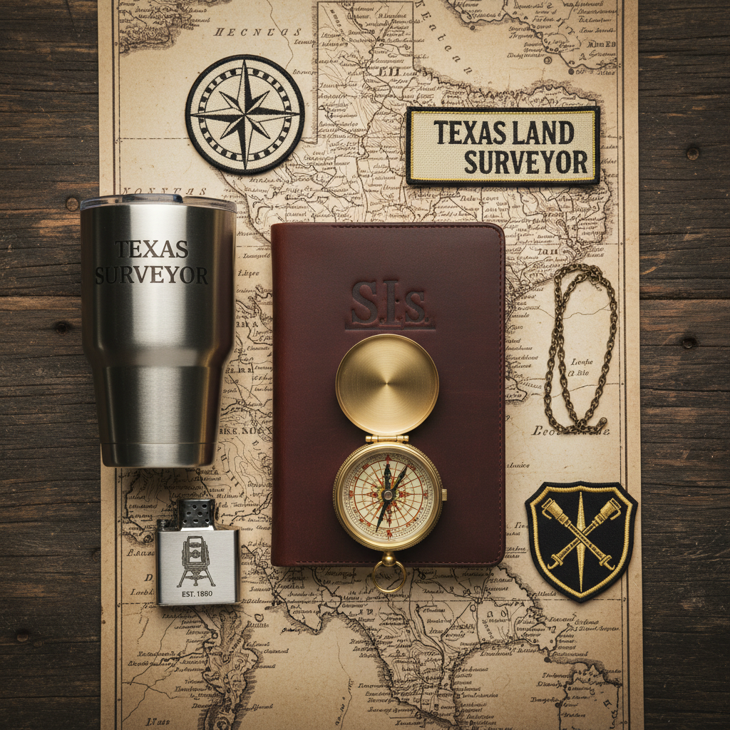 Flat lay of all surveyor gift set items on dark wood background