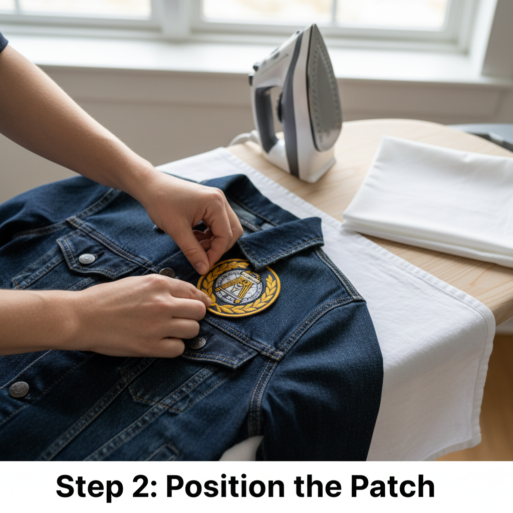 Iron-on application of embroidered theodolite patch being pressed onto fabric with iron