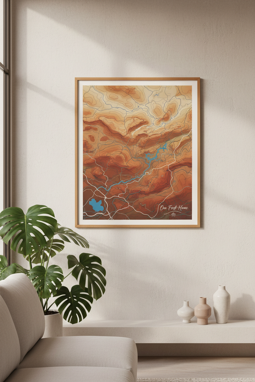 Custom topographic map poster framed on wall with Our First Home label