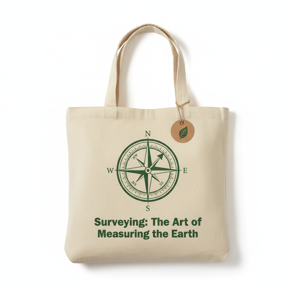 Heavy-duty natural cotton canvas tote bag with Surveying: The Art of Measuring the Earth screen print
