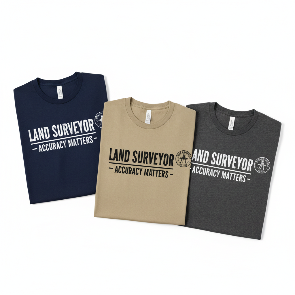 Land Surveyor Accuracy Matters t-shirts in navy, khaki, and charcoal with Burns Surveying sleeve logo
