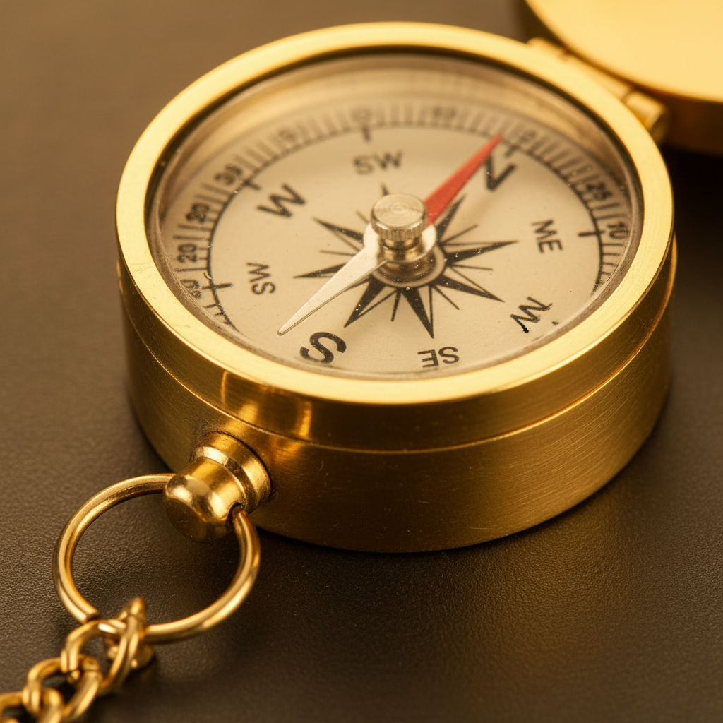 Close-up macro of liquid-filled brass compass face showing needle pointing north