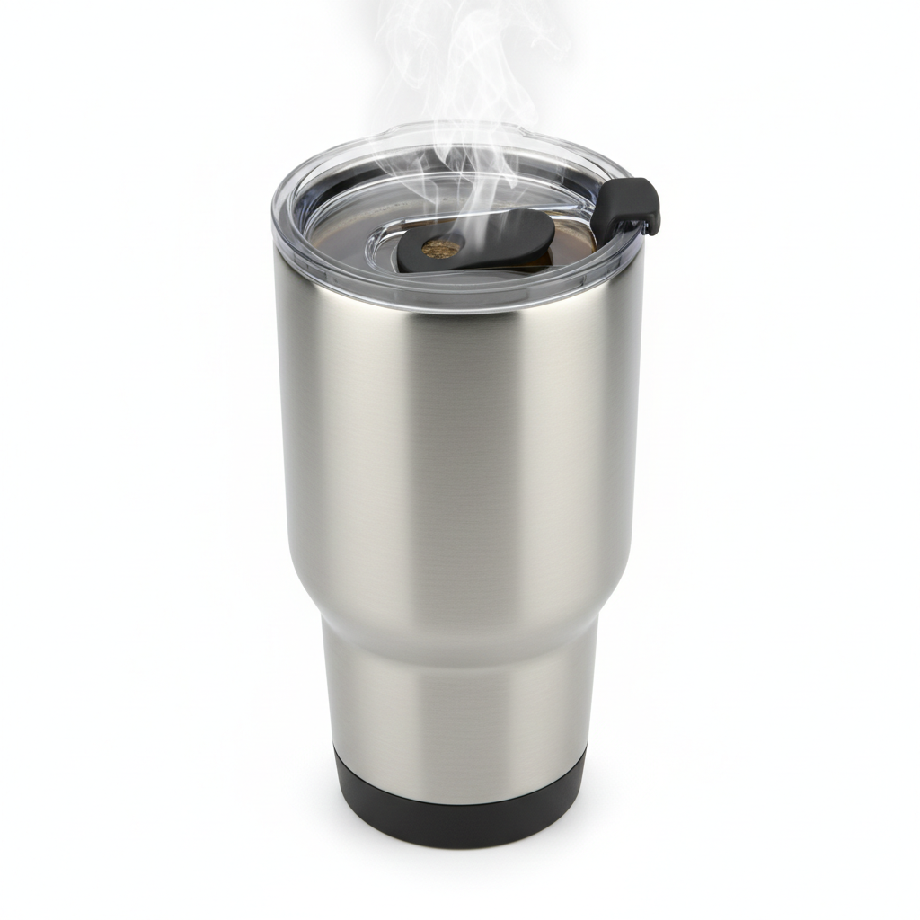 Top-down view of travel tumbler with slider lid open and steam from hot coffee