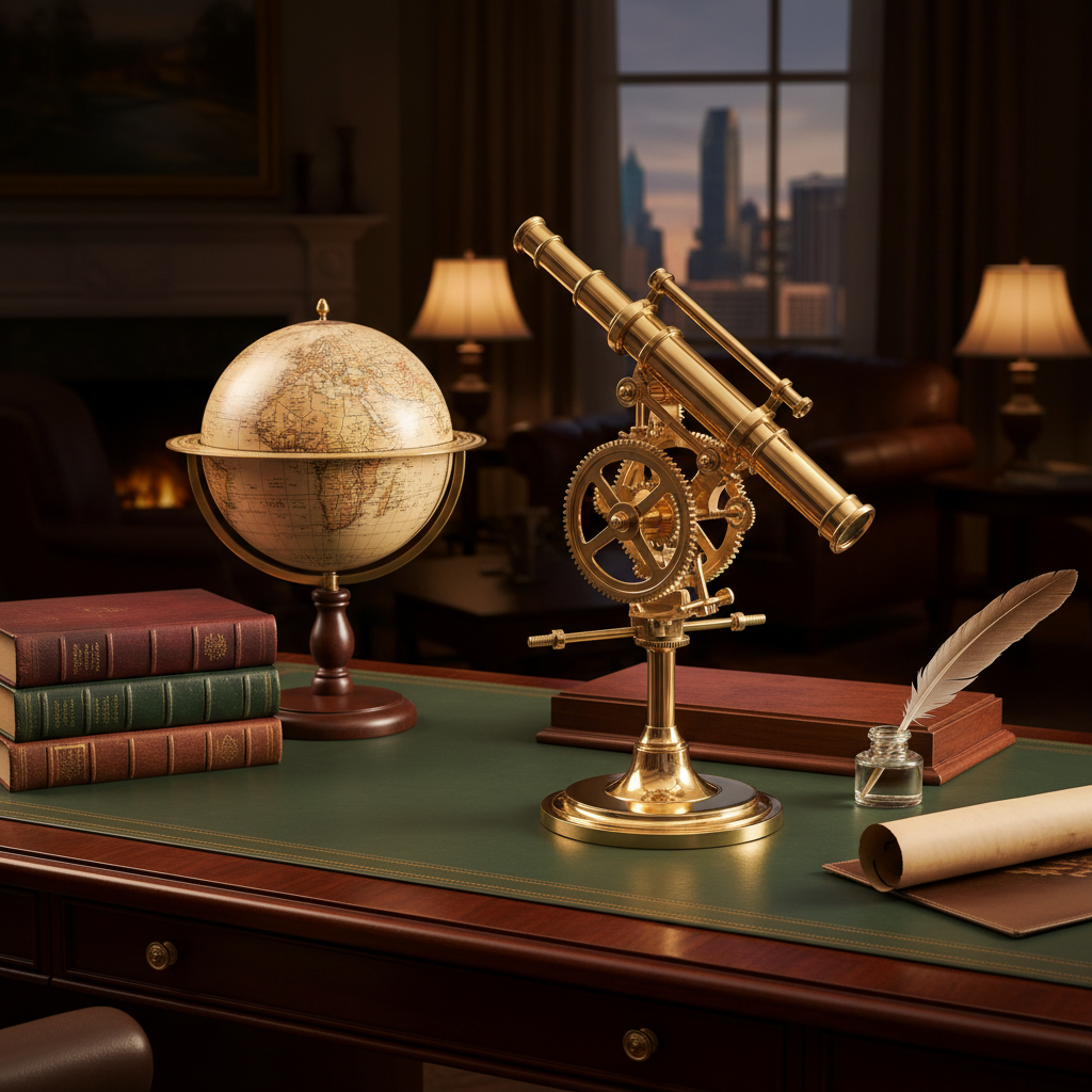 Brass theodolite desk model on mahogany executive desk with books and globe