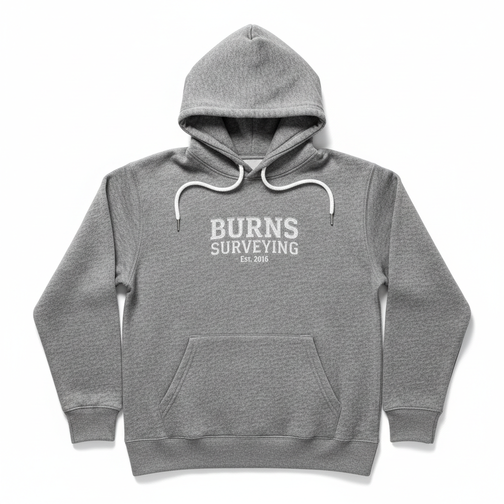 Heather grey fleece hoodie front view with embroidered Burns Surveying Est 2016 chest logo