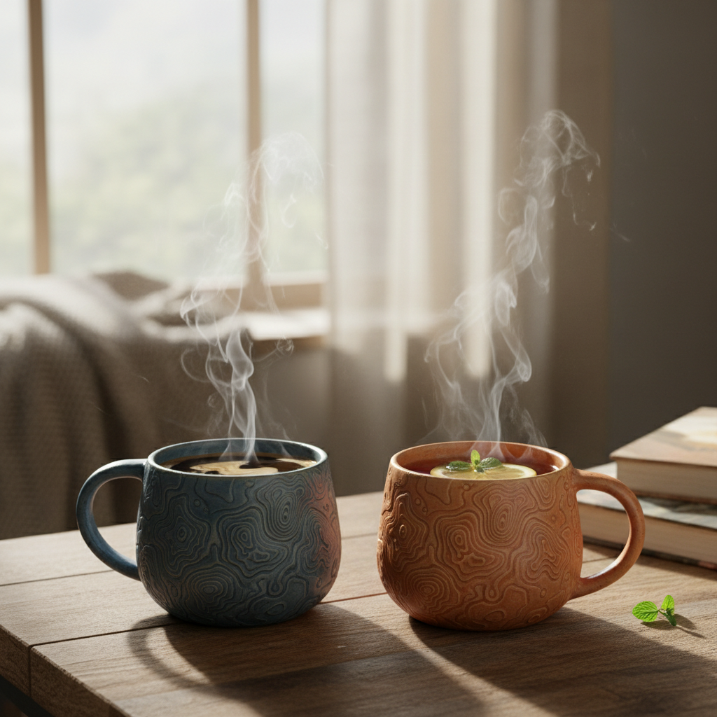 Two topographic ceramic mugs with coffee and tea in cozy morning window light