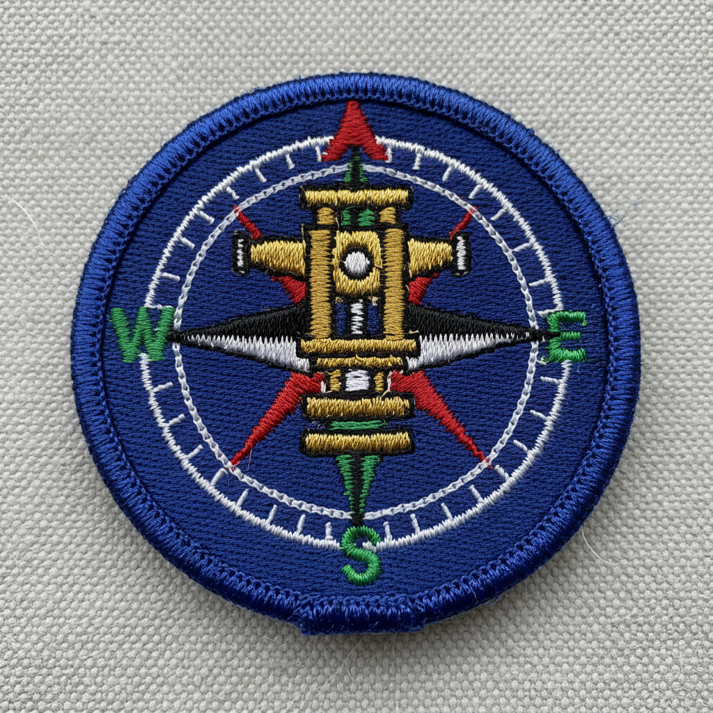 Close-up macro of embroidered theodolite patch showing thread work, merrowed edge and compass rose