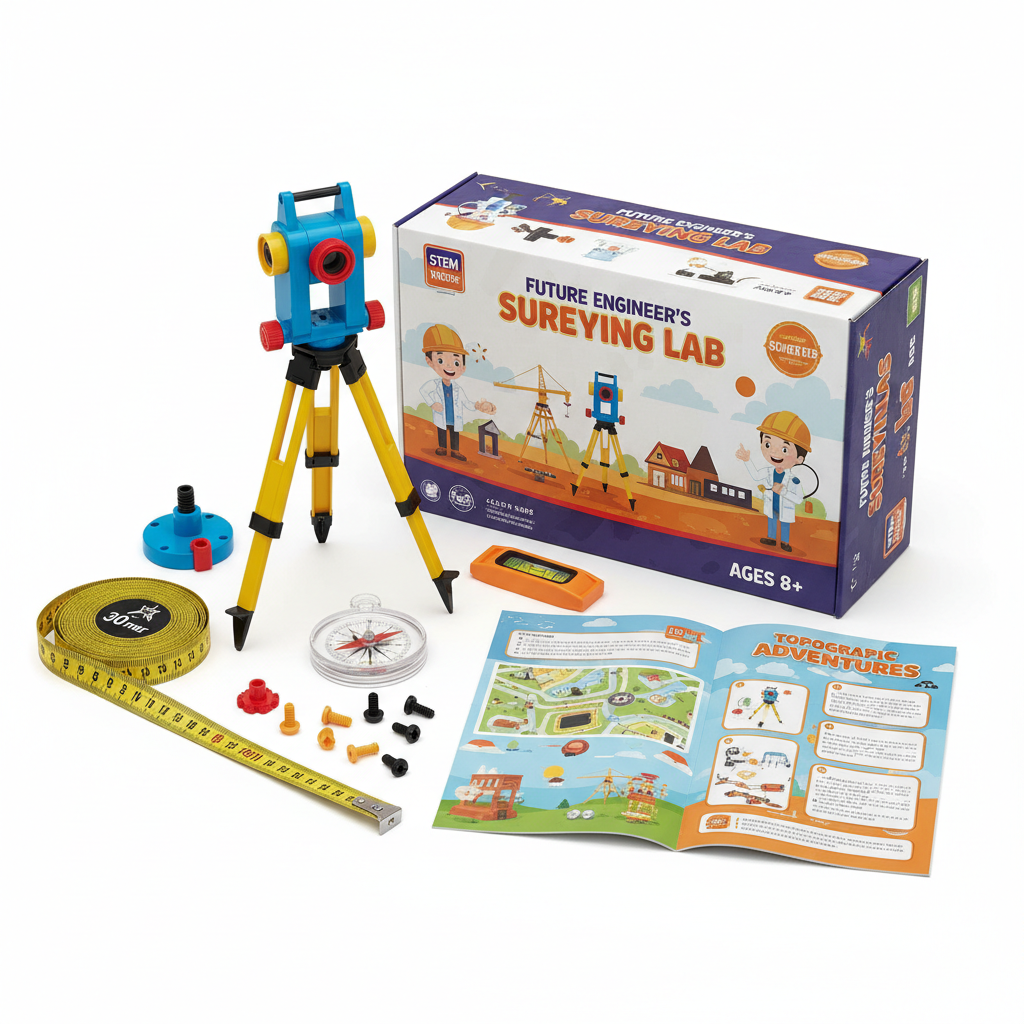 STEM surveying kit open box showing all contents including model theodolite and activity book