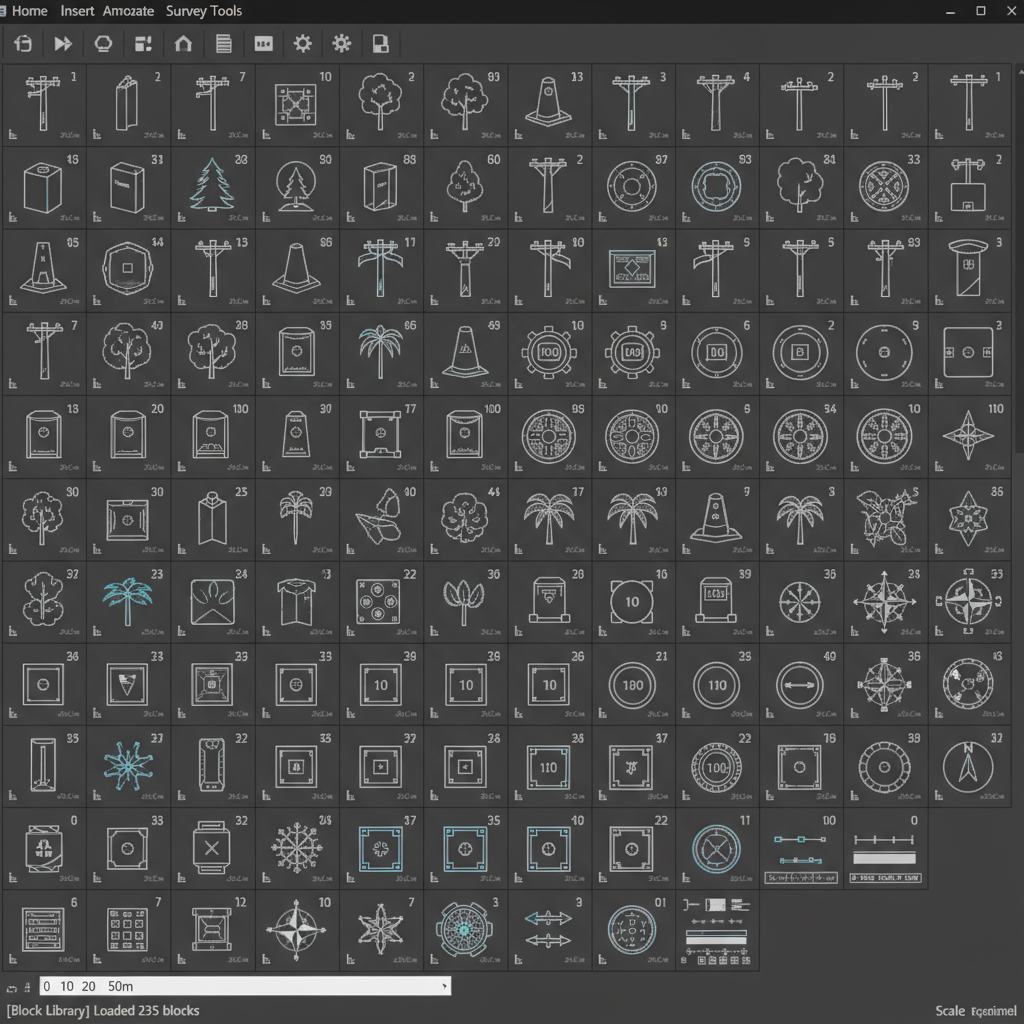 AutoCAD DWG surveyor symbol library preview showing 200+ CAD blocks in organized grid