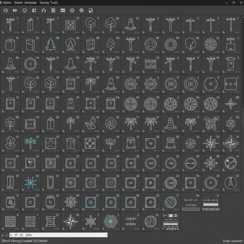 AutoCAD DWG surveyor symbol library preview showing 200+ CAD blocks in organized grid