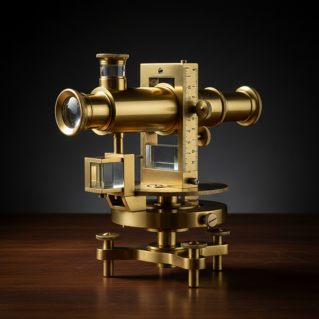 Full view of restored antique brass theodolite on dark wooden surface