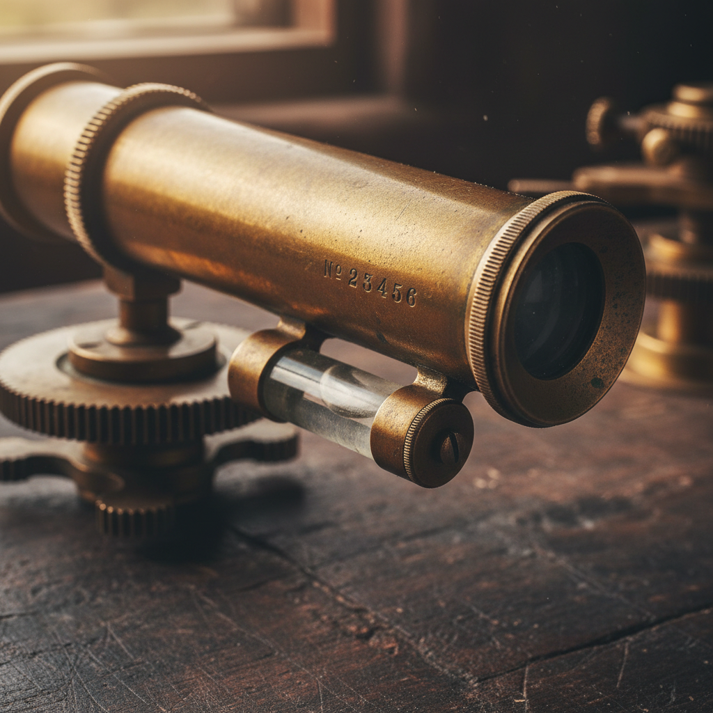 Close-up of telescope eyepiece and spirit level with patina and serial number