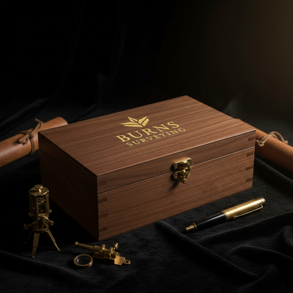 Closed wooden hinged gift box with Burns Surveying branding