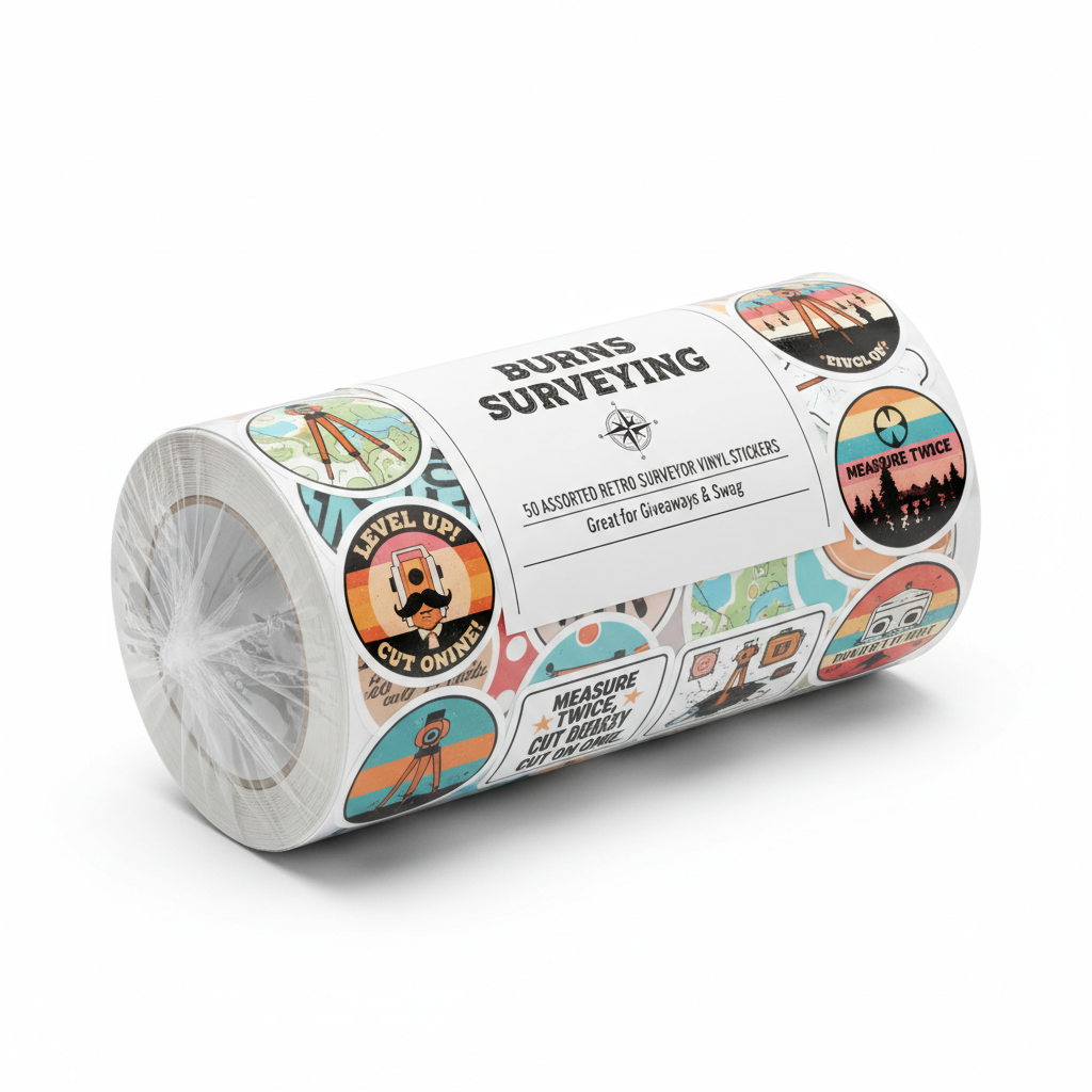 Bulk surveyor sticker roll packaged and ready to ship with Burns Surveying branding