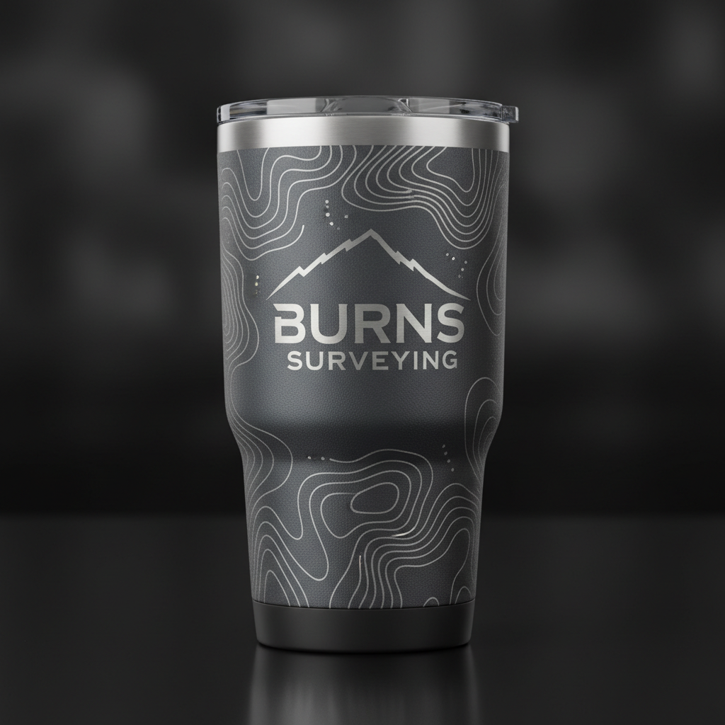 20oz stainless steel tumbler with laser-engraved topographic contour lines and Burns Surveying logo
