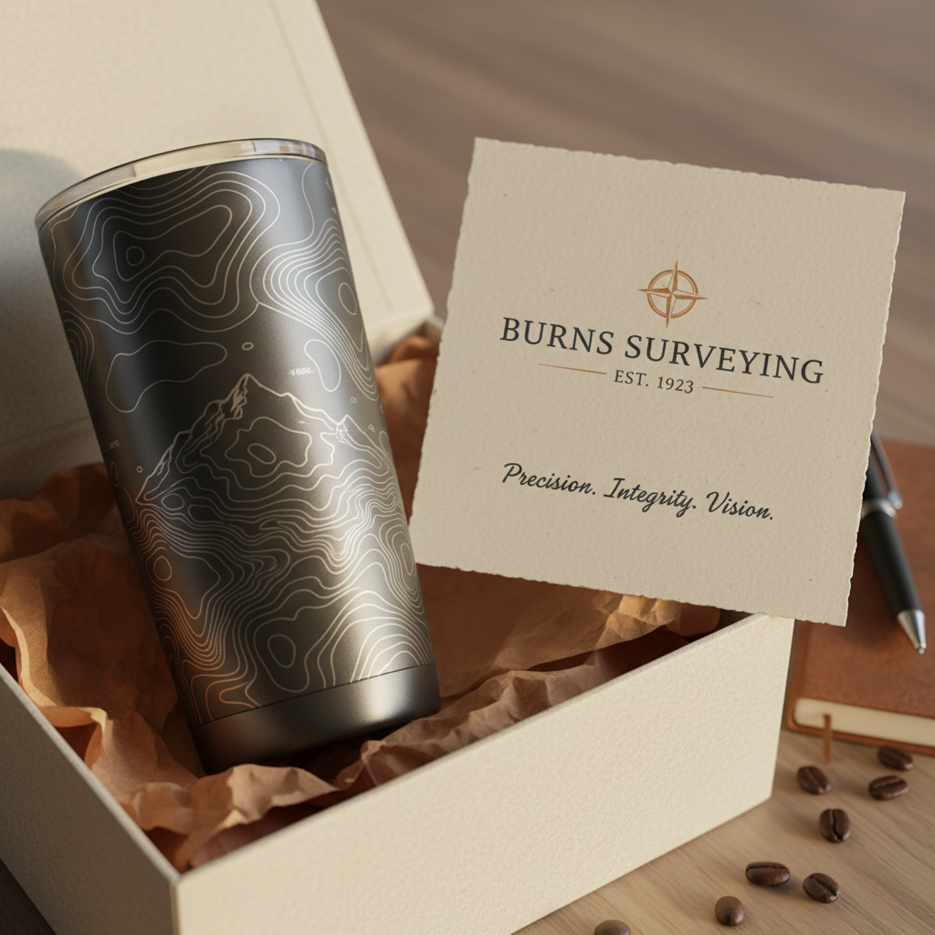 Engraved topo map tumbler as corporate gift in box with Burns Surveying branded card