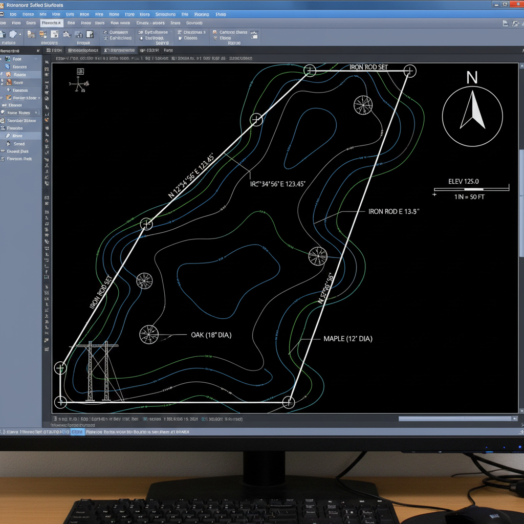 Professional land survey CAD drawing on monitor with boundary markers and surveyor symbols