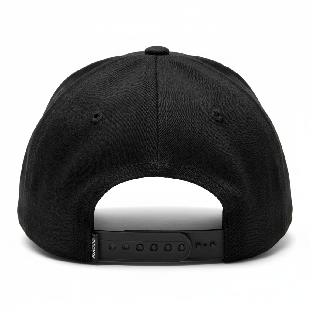 Back view of black surveyor snapback cap showing adjustable snapback closure and eyelets