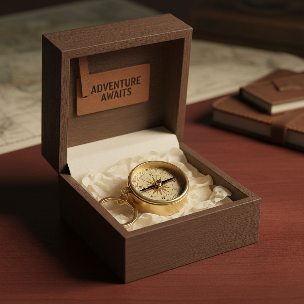 Mini brass compass keychain in open gift box with tissue paper for gifting